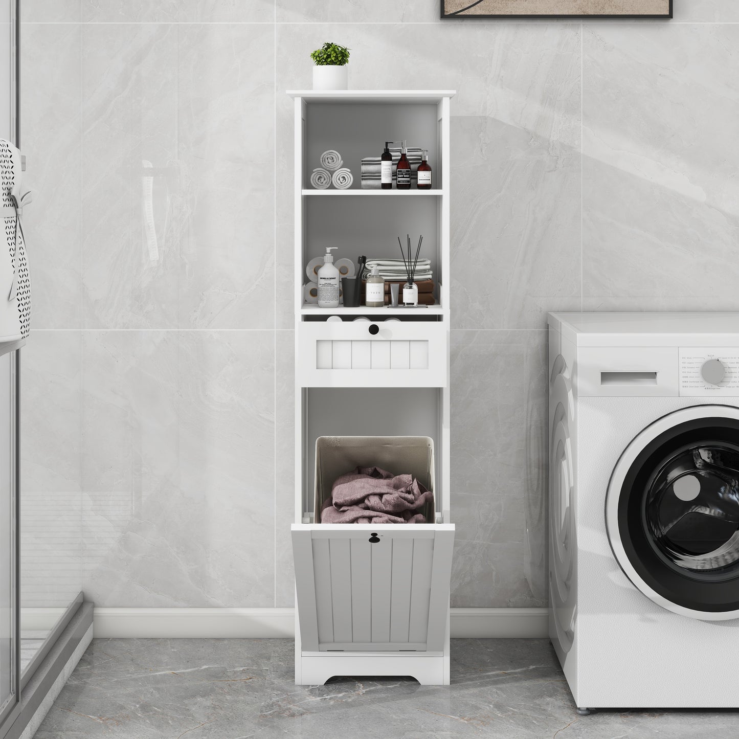 Tilt-Out Laundry Sorter Cabinet with One Drawer - White