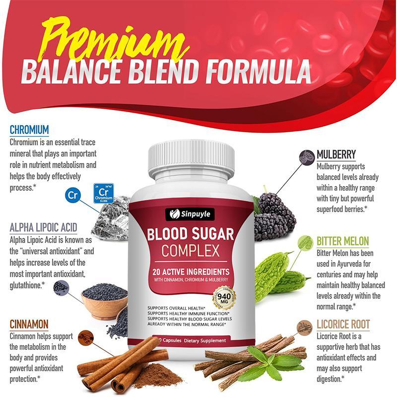 Blood Sugar Complex Supplement - 20 Active Ingredients, 60 Capsules