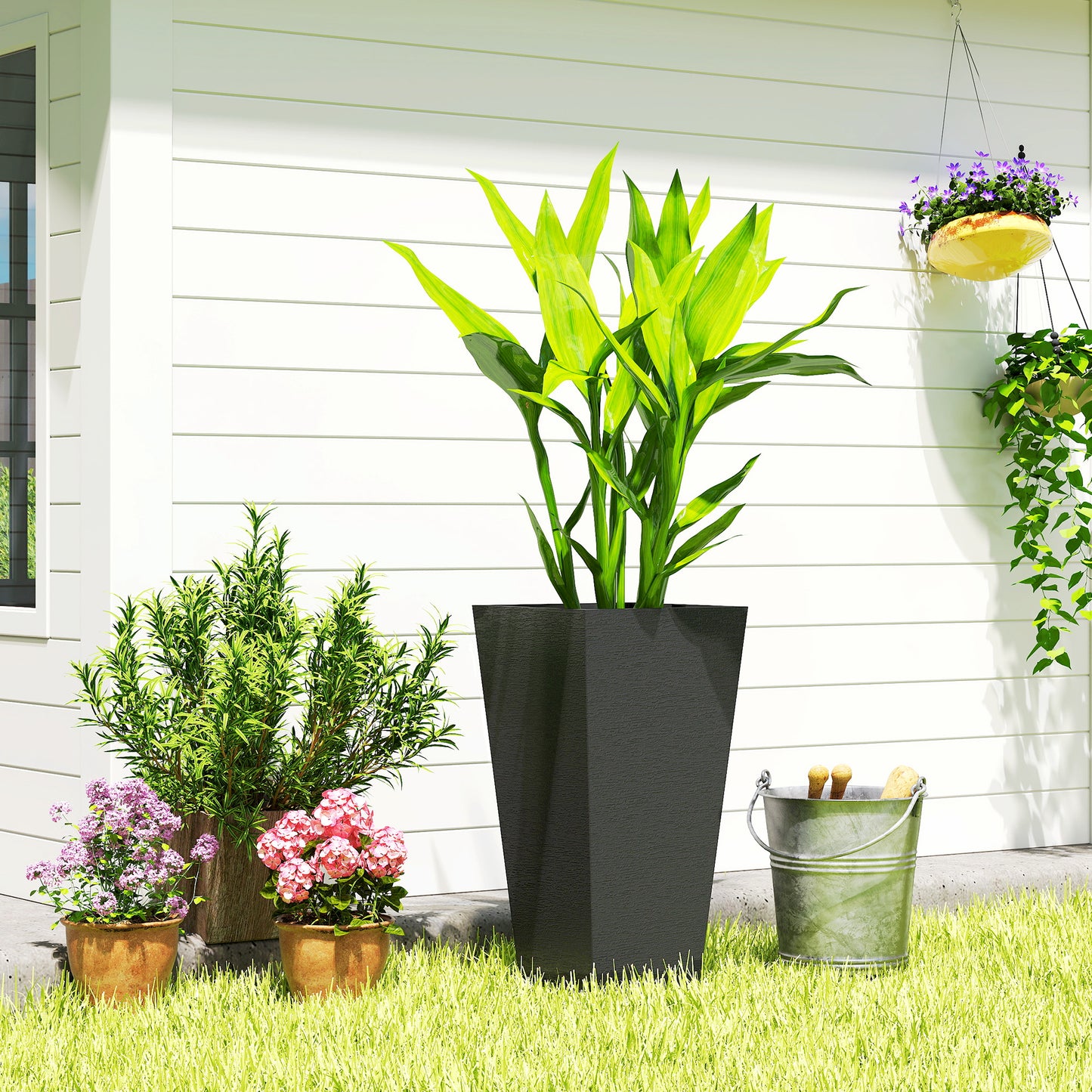 Tall Outdoor Plant Planters Set of 2 - Black Plastic Flower Pots for Garden & Patio