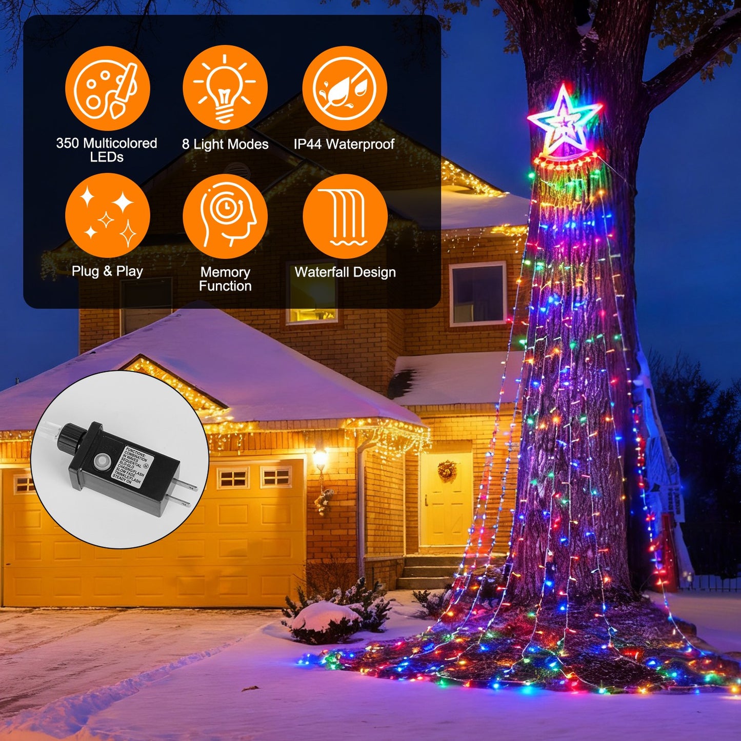 350 LED Christmas Star Waterfall String Lights - Multicolor, 11.48FT