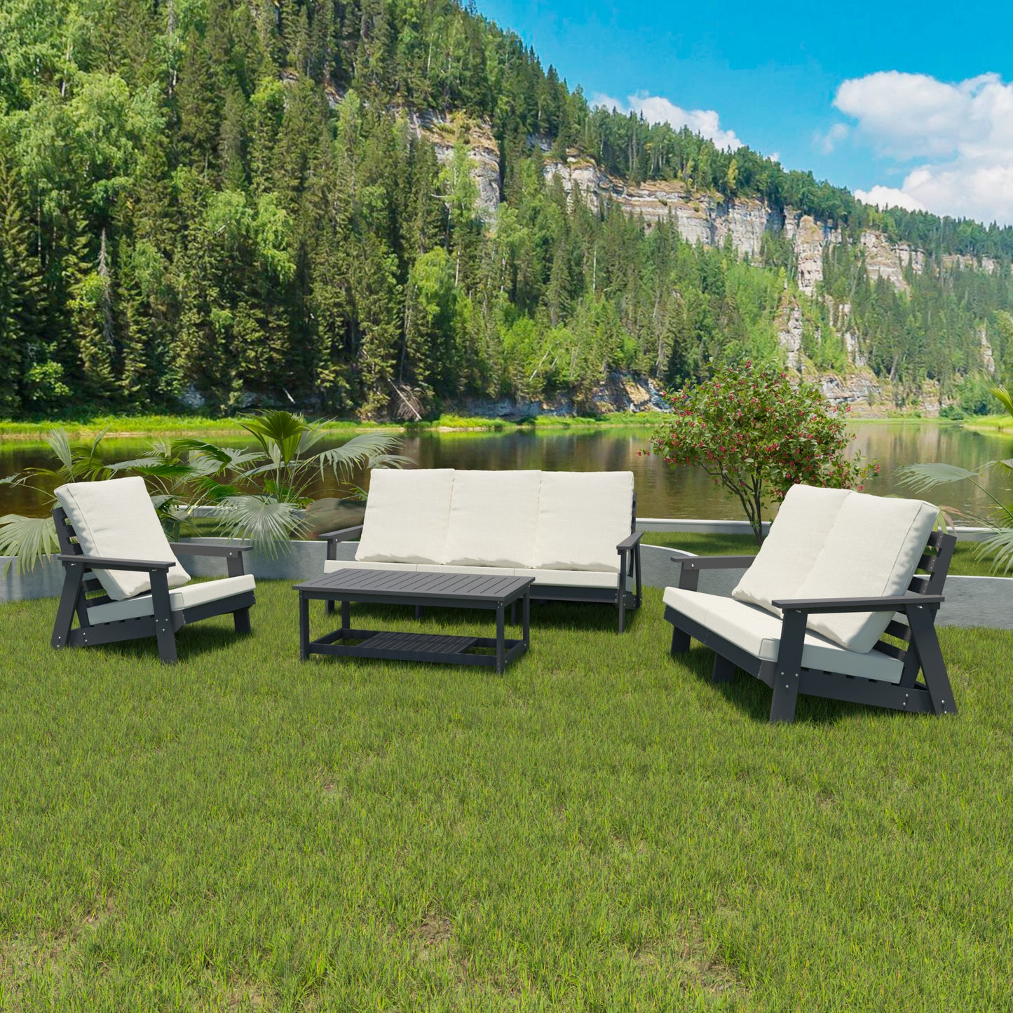 3 Seater Outdoor Sofa with Cushion - Grey Beige Garden Seating