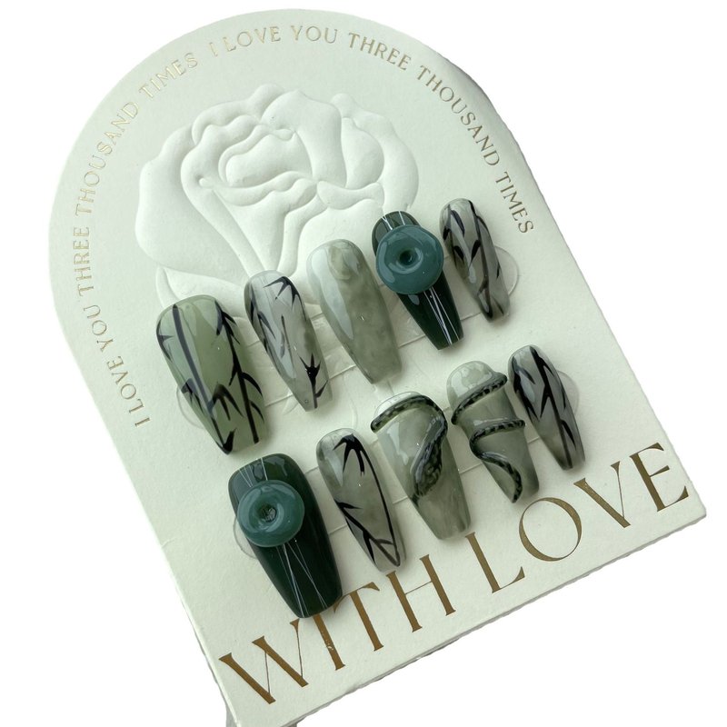 Green Snake Bamboo Shadow Nail Tips - Resin Nail Enhancement