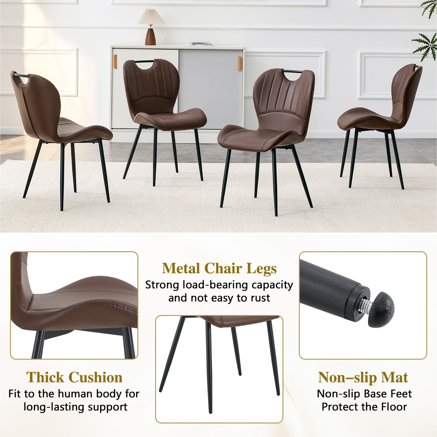 Set Of 4 Brown PU Dining Chairs With Integrated Handle. Black Metal