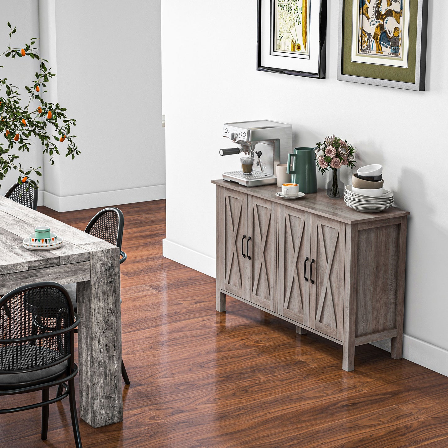 Farmhouse Sideboard Buffet with Barn Doors & Adjustable Shelves - Gray