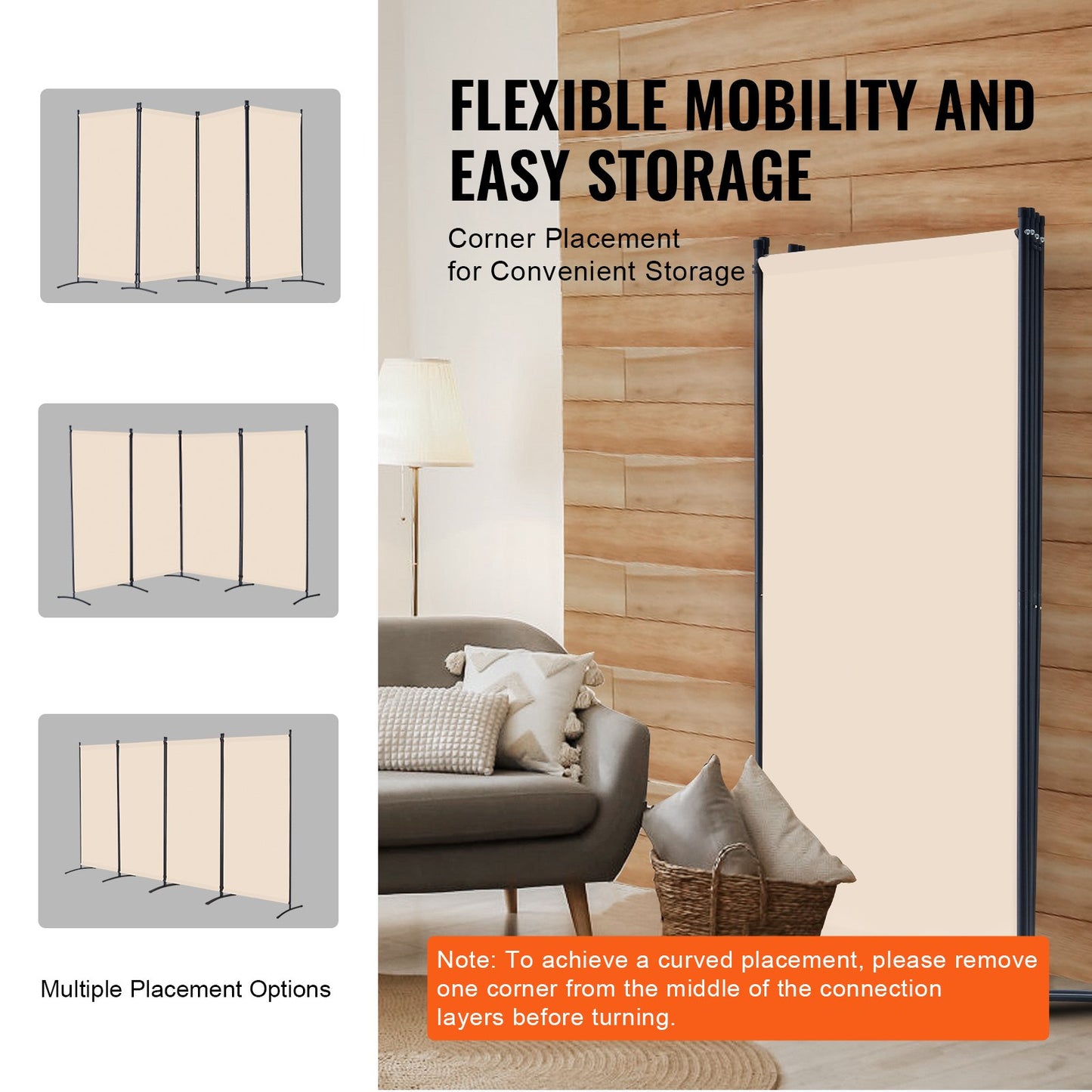 4 Panel Room Divider - Folding Privacy Screen for Home & Office - Beige