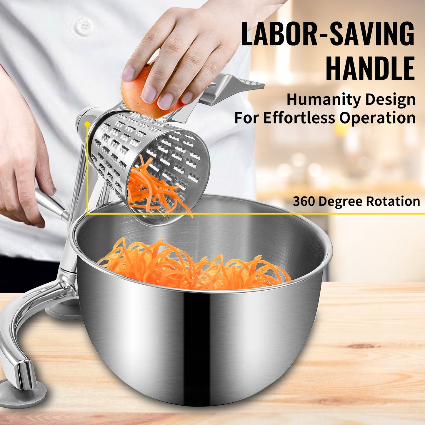 Manual Rotary Cheese & Vegetable Grater with 5 Stainless Steel Cones & Large Bowl