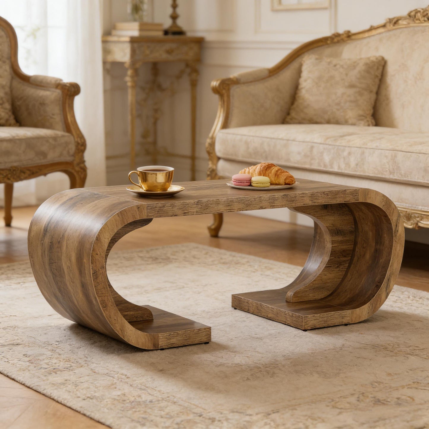 C-Shaped Coffee Table - Artistic Wooden Center Table, Brown