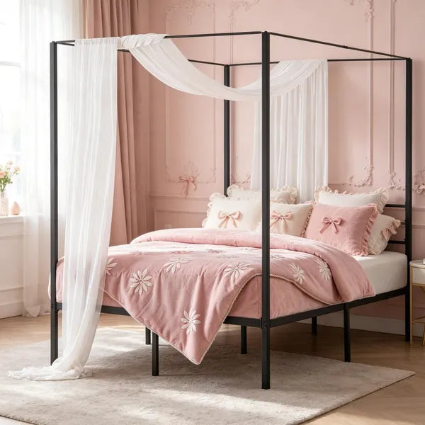 Metal Canopy Bed Frame with Storage - 77.4 x 53.9 in