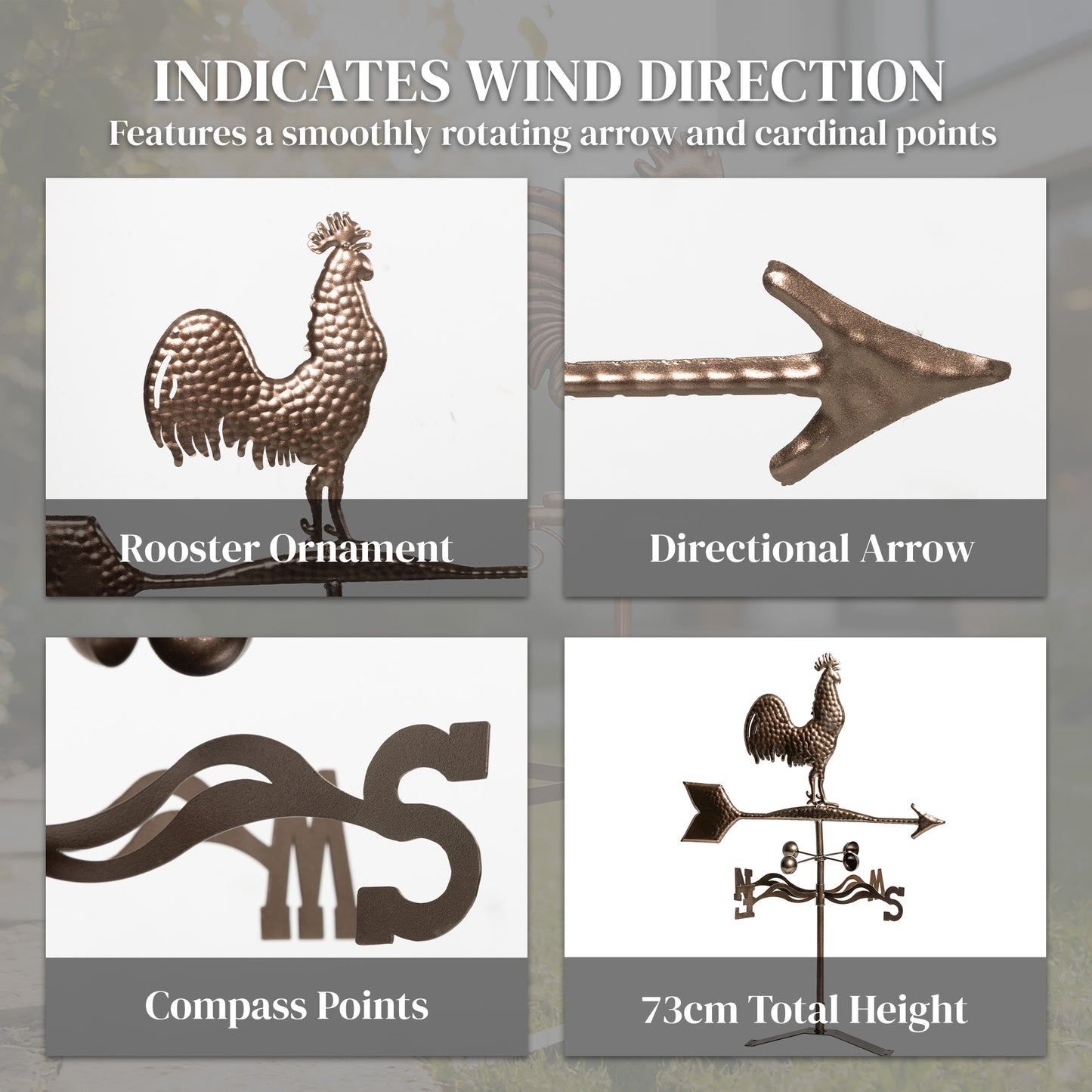 Metal Rooster Weathervane - Outdoor Roof Wind Direction Indicator
