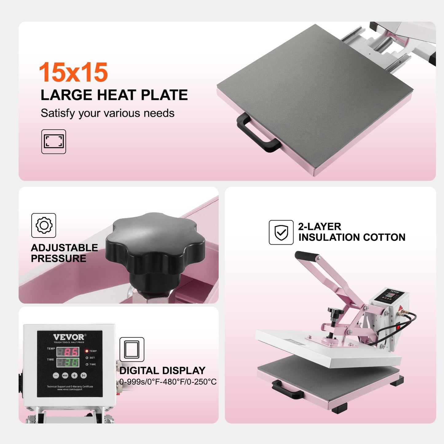 15x15 Inch Digital Heat Press Machine for T-Shirts & Transfers - Pink