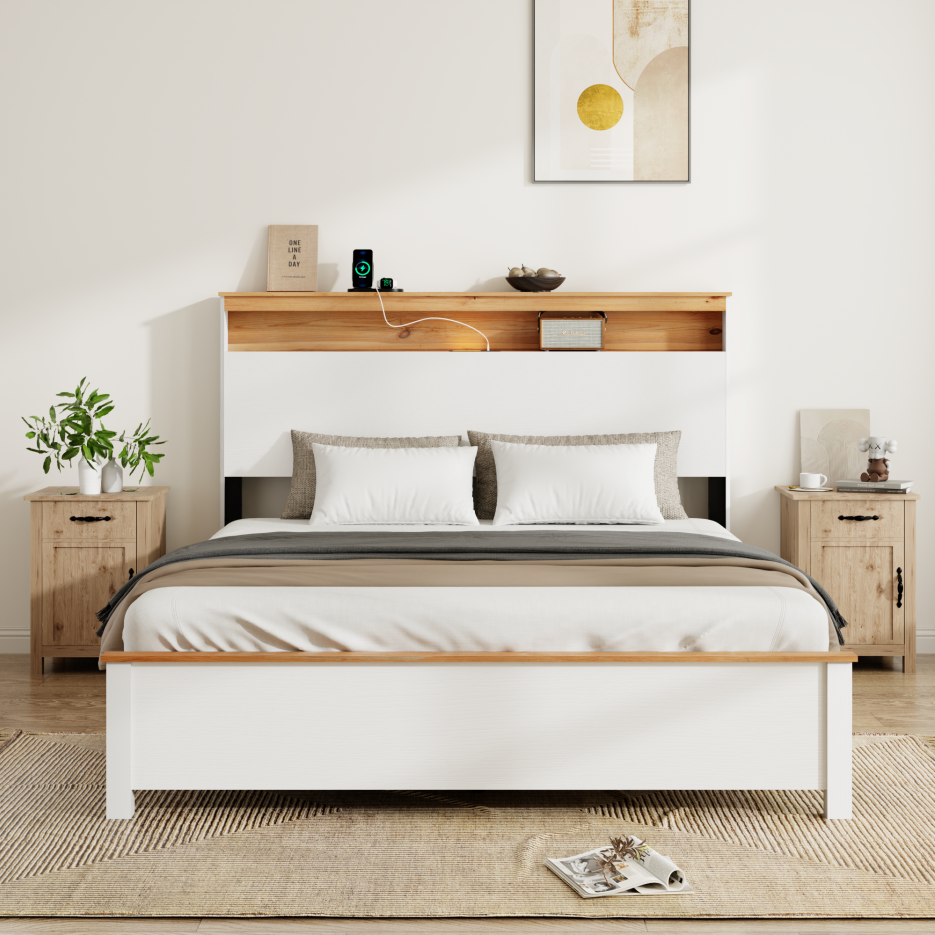 Full Farmhouse Wood Bed Frame with Storage Headboard & Charging Station
