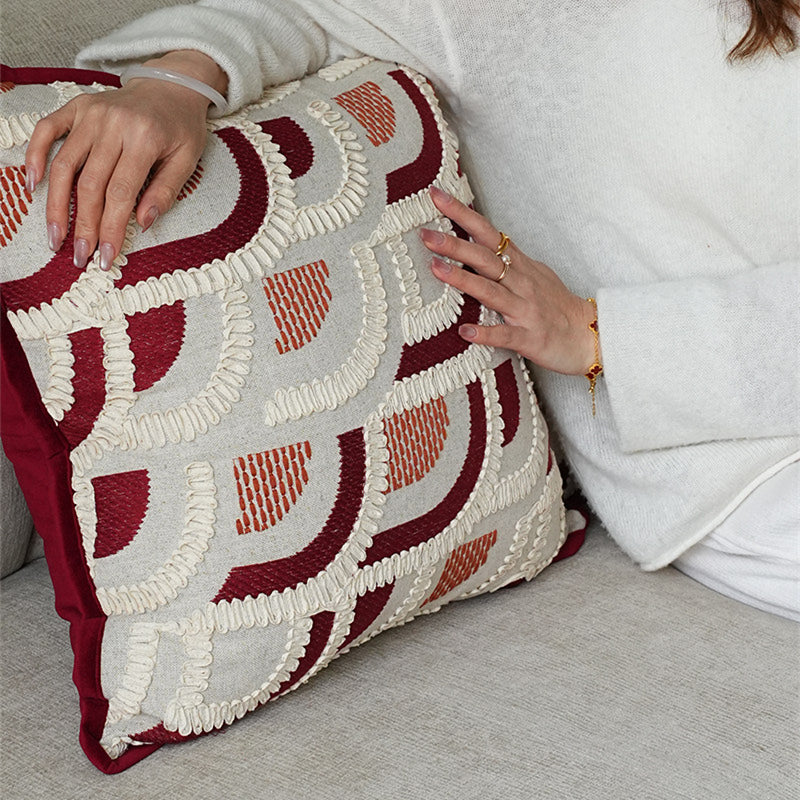 Red Wabi-Sabi Embroidered Throw Pillow - Mid-Century Style, Multiple Sizes