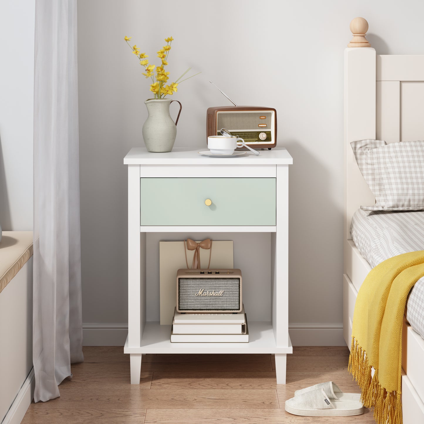 Wooden Nightstand with Drawer and Shelf - White & Green