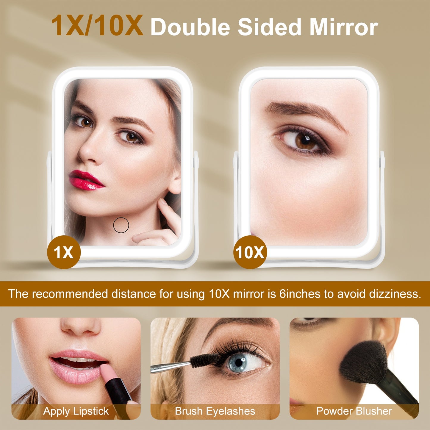 10X Magnifying Lighted Makeup Mirror, USB Rechargeable Travel Vanity Mirror