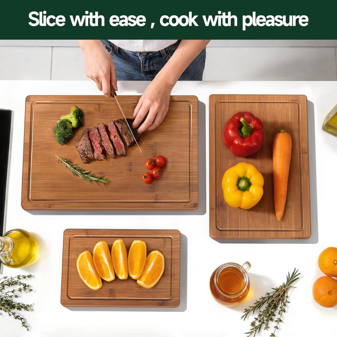 3-Piece Bamboo Cutting Board Set - Deep Carbonized & Juice Grooves
