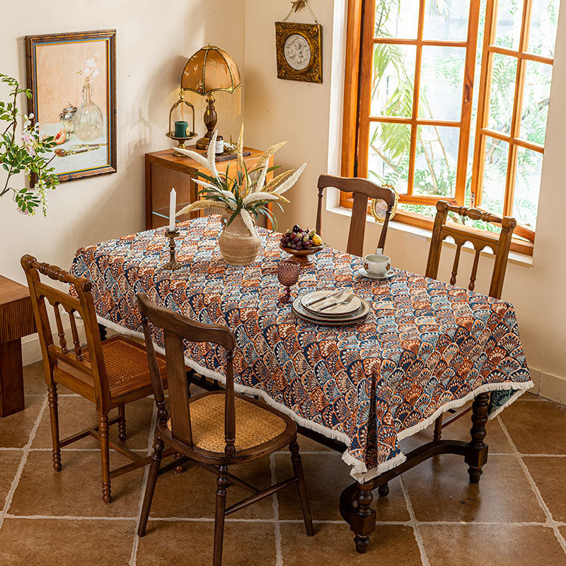 Rectangular Jacquard Tea Table Cloth - Rustic Floral Pattern, Multiple Sizes