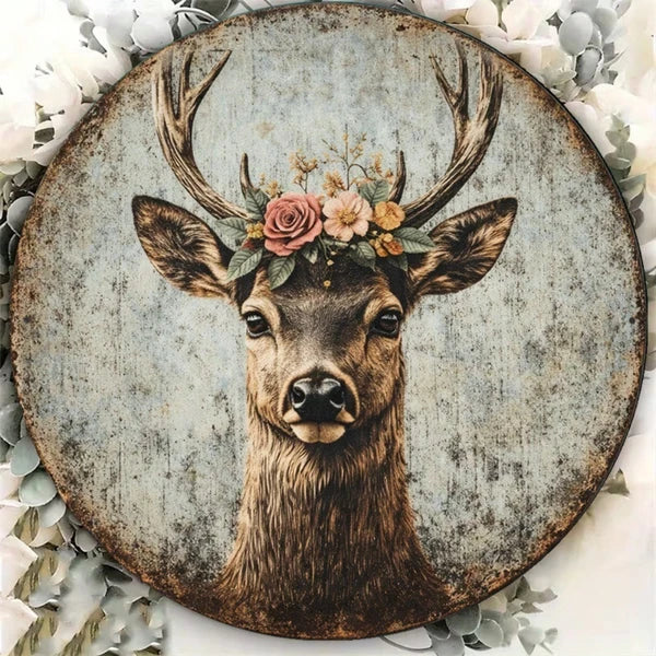 Vintage Deer Head Wreath Sign - 8x8 Inch Metal Plaque