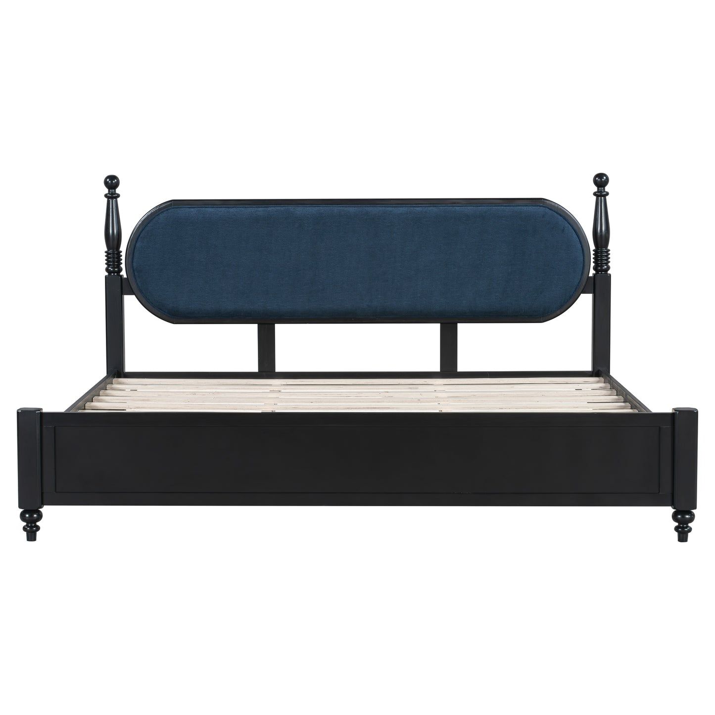 King Bed Frame - Solid Wood Platform, Modern Navy Blue & Black