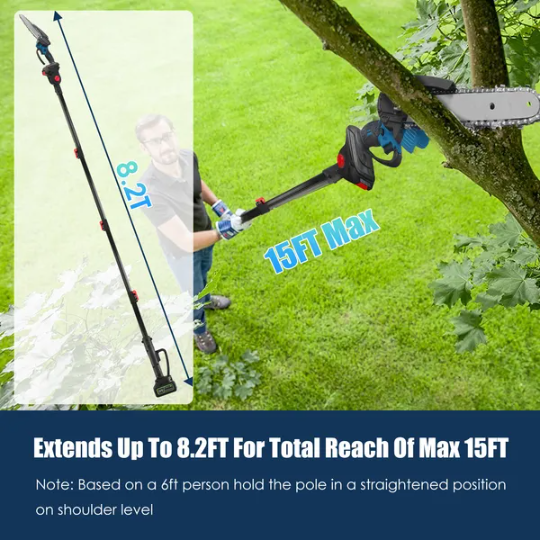 Cordless 8ft Pole & Mini Chainsaw Kit with 21V Batteries - Wood Cutting Tool