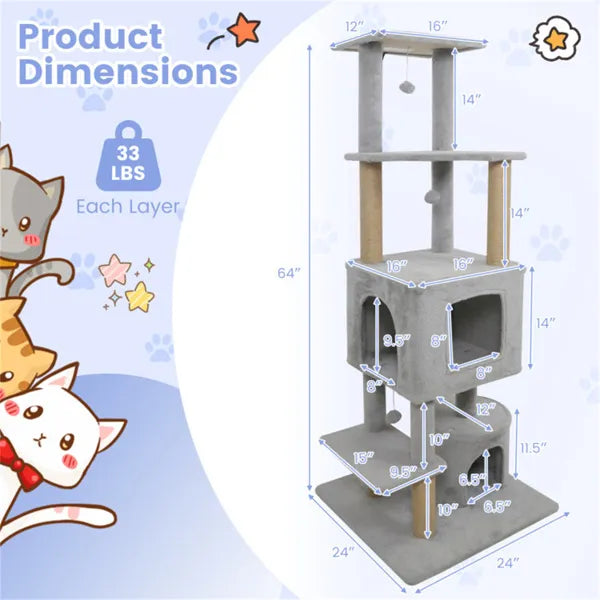 64-Inch Light Gray Cat Tower with Plush Perches & Scratching Posts