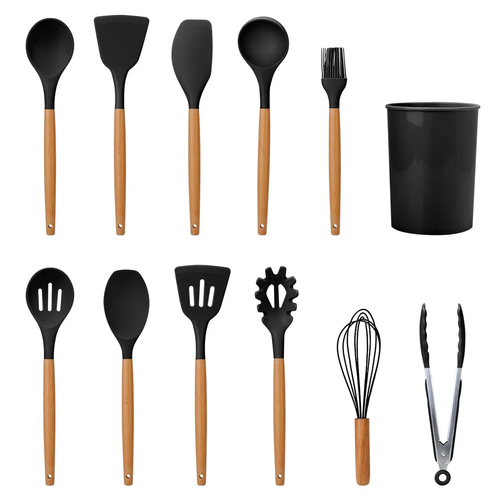 11-Piece Silicone Cooking Utensil Set with Wooden Handles