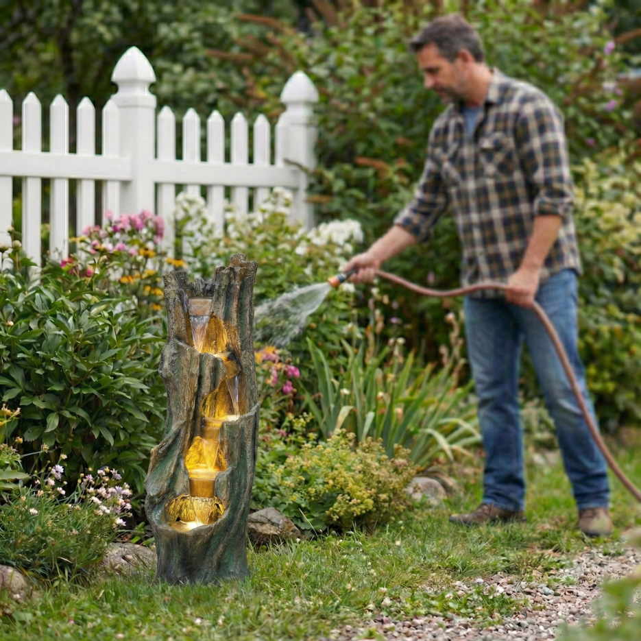 Outdoor Waterfall Fountain with LED Lights - Garden & Patio Decor, Grey
