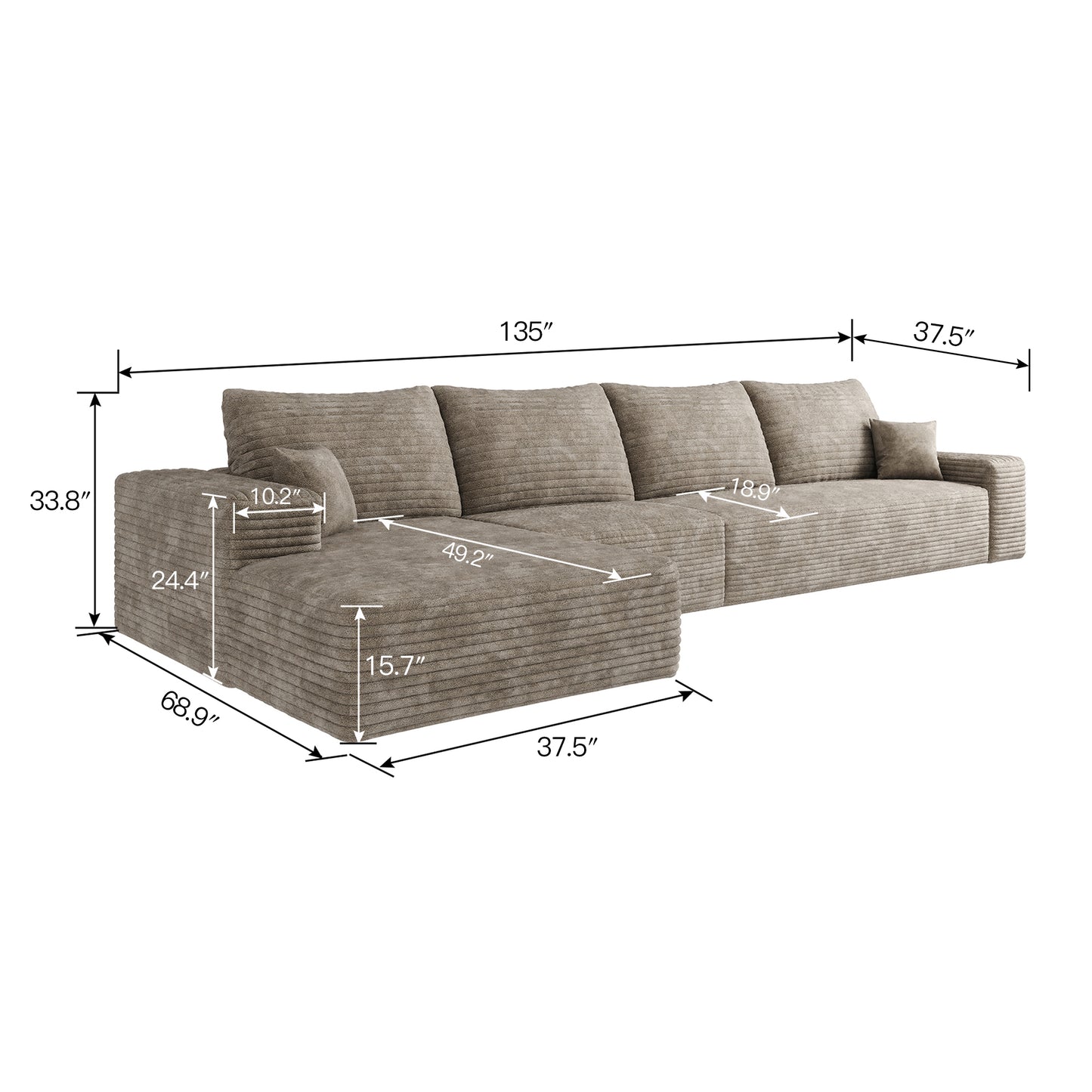 107" Cloud Sectional Couch - Modern L-Shape Chaise, Camel