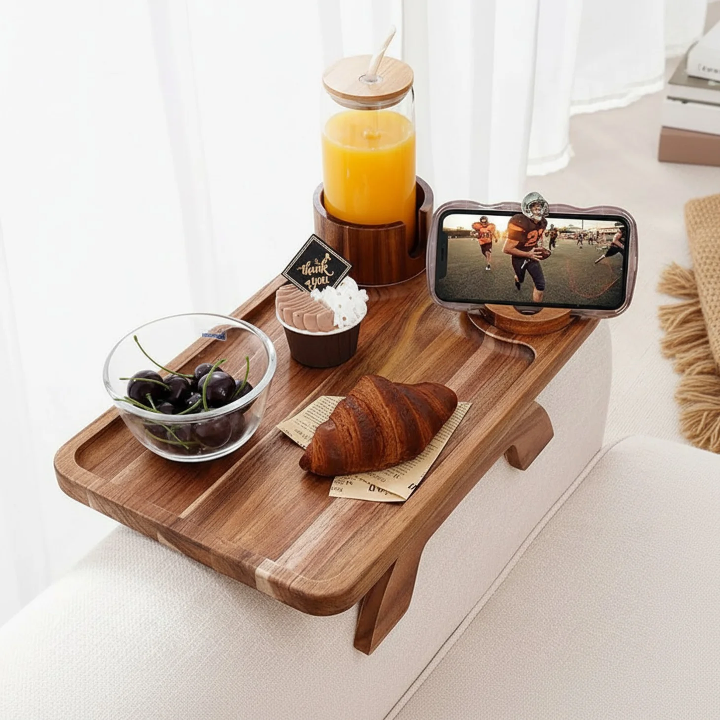 Sofa Armrest Tray with Rotating Cup Holder & Phone Stand - Brown