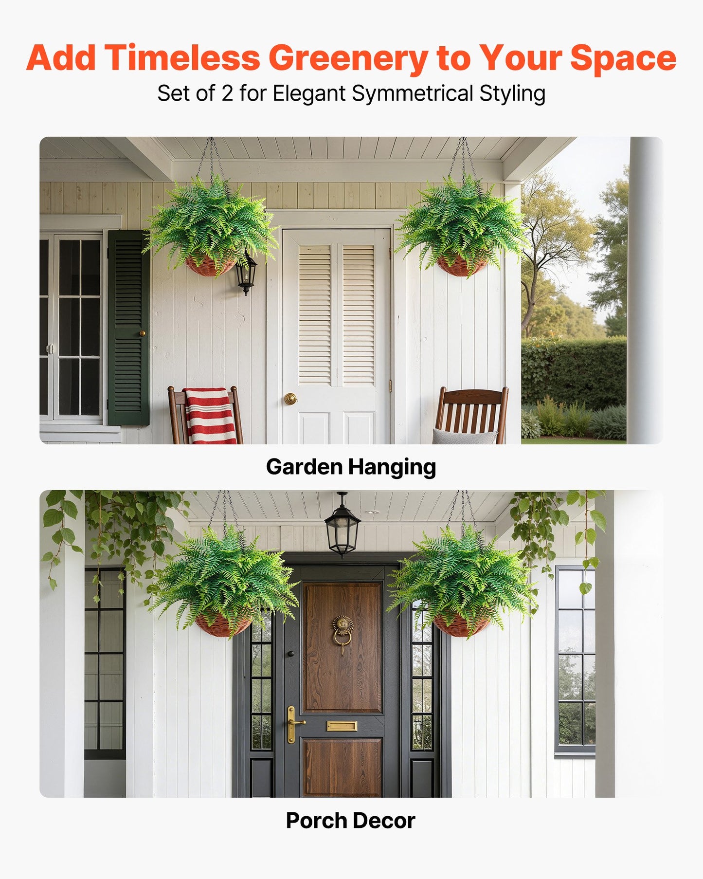 Artificial Ferns Hanging Plants Set - Faux Greenery for Indoor & Outdoor Decor, 26 Inch Tall, Black Variant