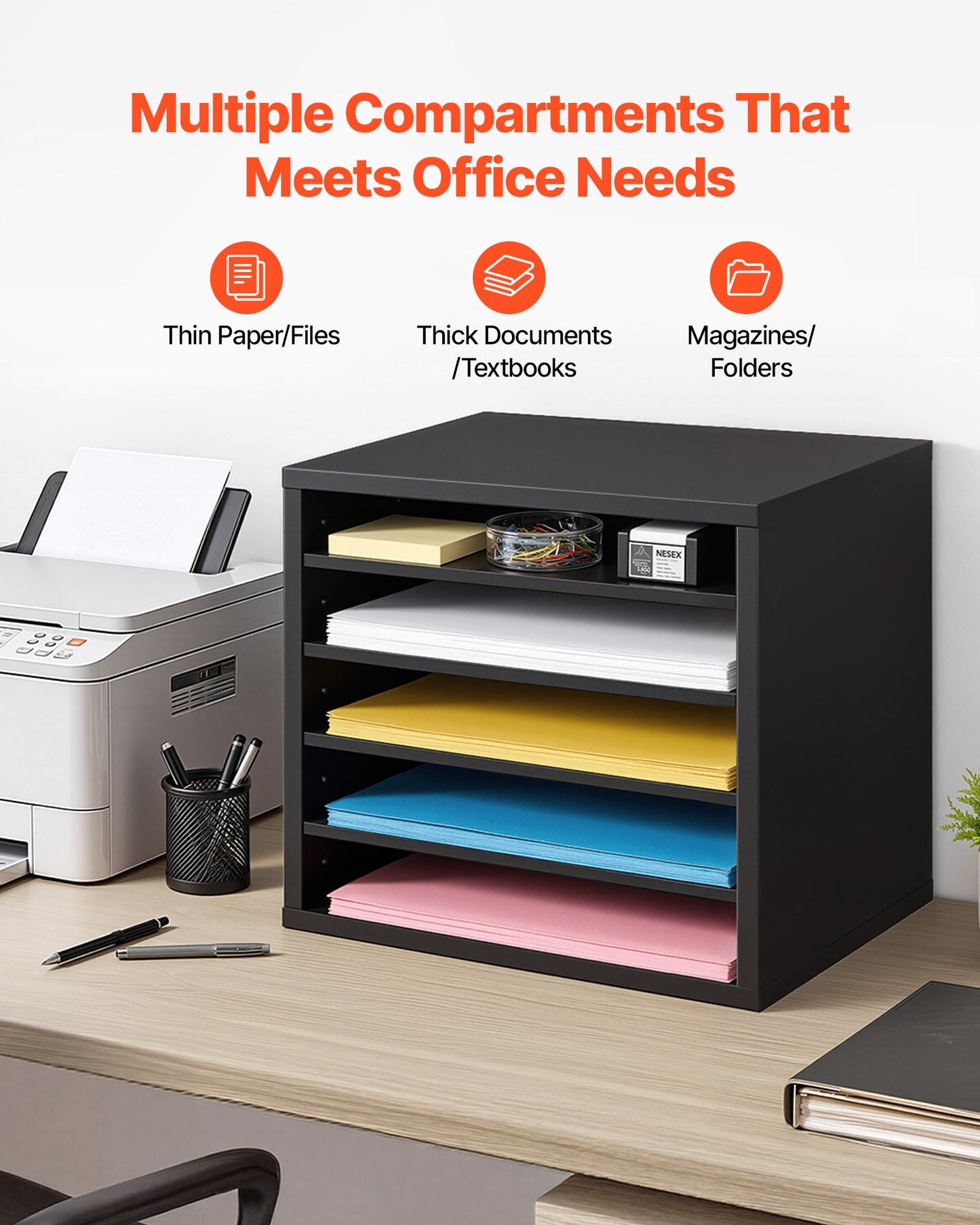 Wooden Literature Organizer with 5 Compartments and Adjustable Shelves - Office & Classroom Storage, Black