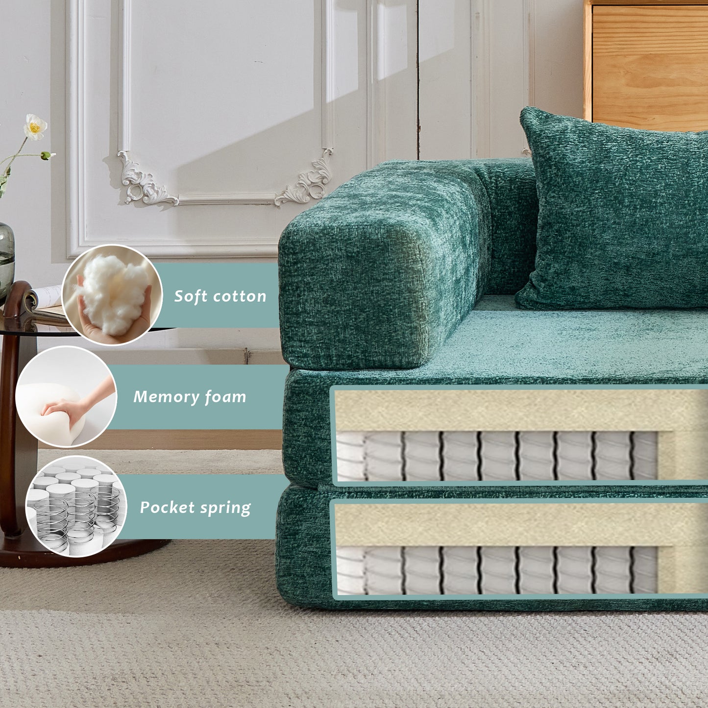 Convertible Floor Sofa Bed - Dark Green Chenille Fabric