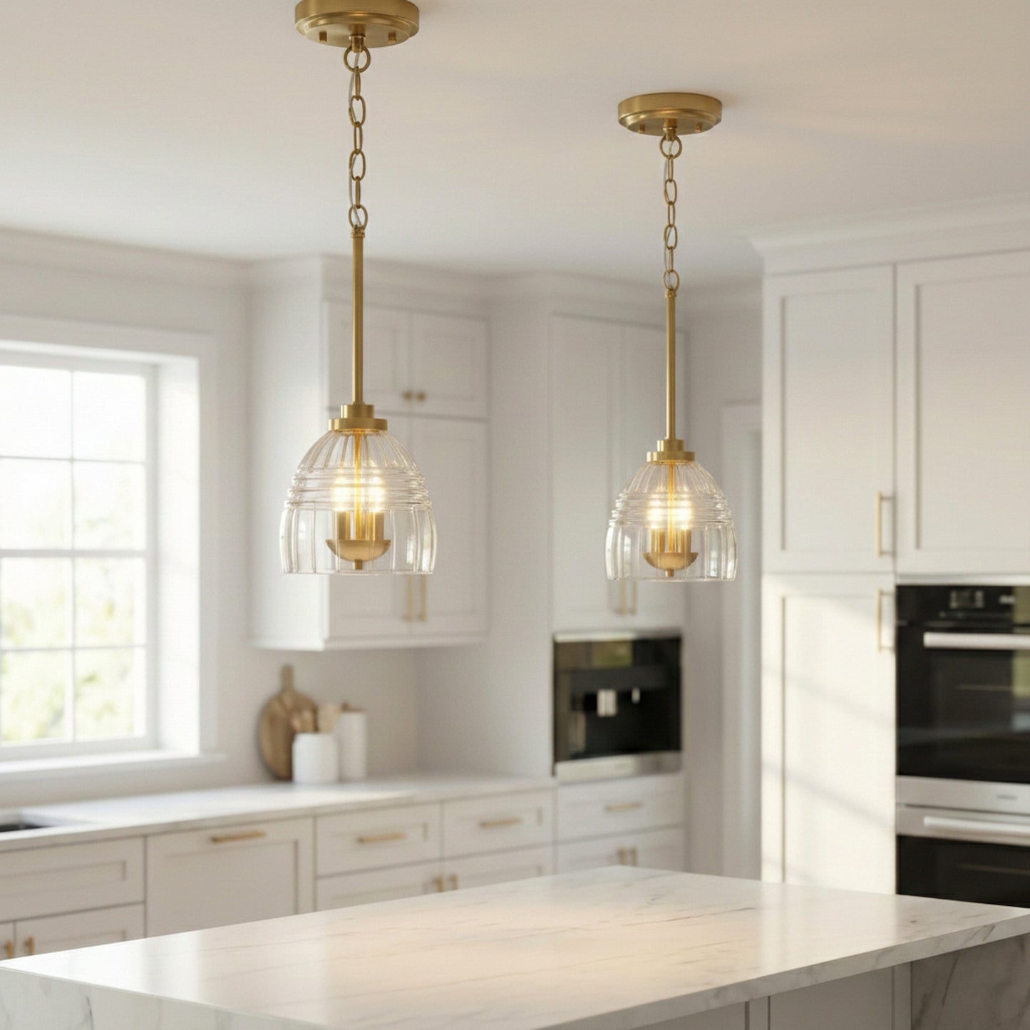 Ember Three Candle Lights Chain Pendant With Clear Glass - Satin Brass