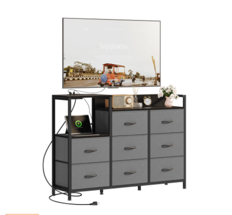 Gray Wooden TV Stand with 8 Fabric Drawers & Charging Station