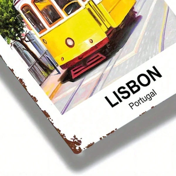 Vintage Lisbon Portugal Yellow Tram Metal Sign - 8x12 Inch Wall Art