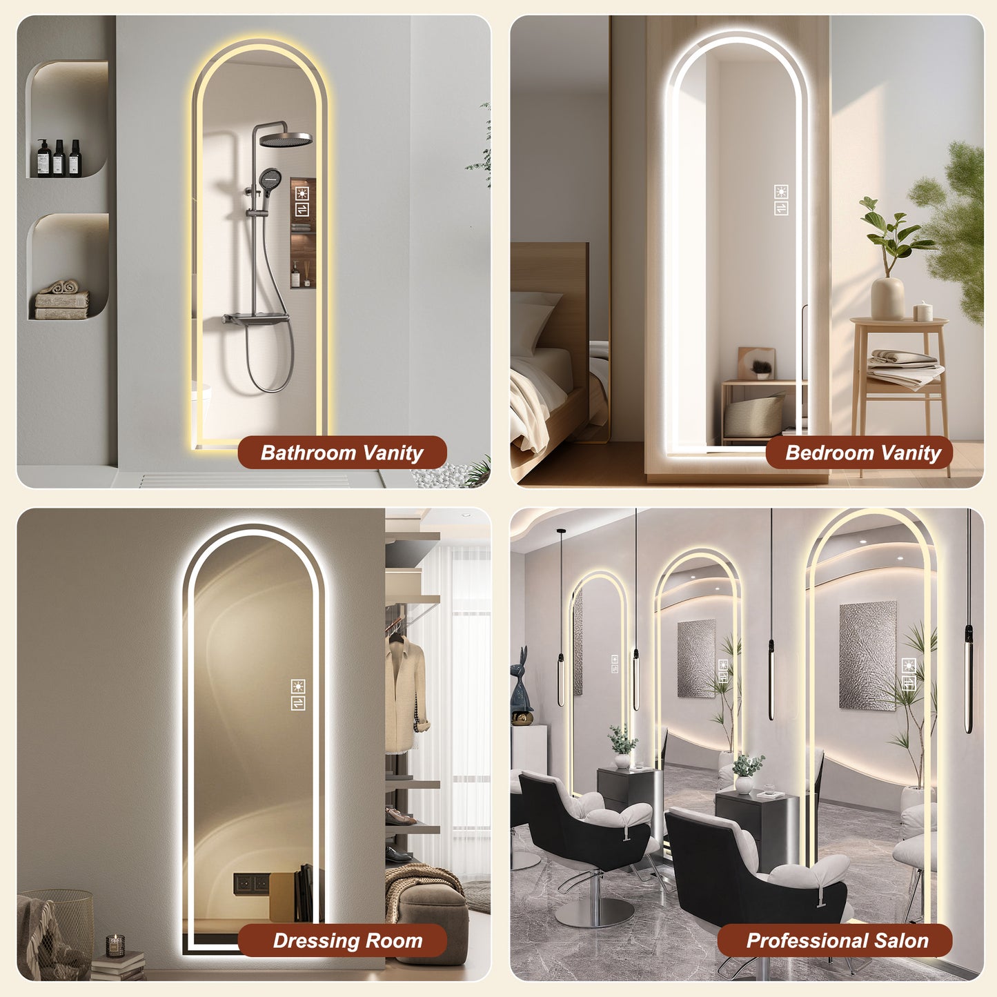 65" x 21" Arched Full Length LED Mirror - Dimmable, Touch Control, Silver