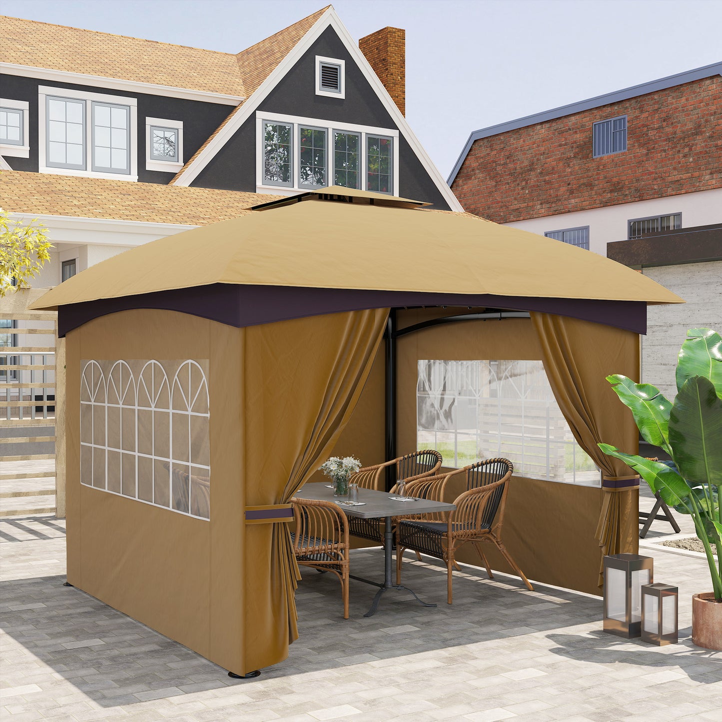 Outdoor Gazebo with Curtains & Church Windows - Beige