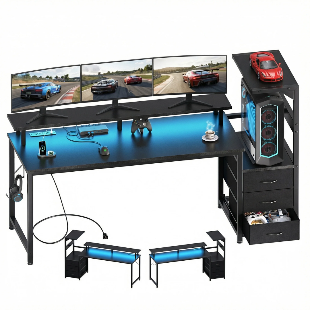 Gaming Desk with USB Ports & LED Lights - 52" with Drawers