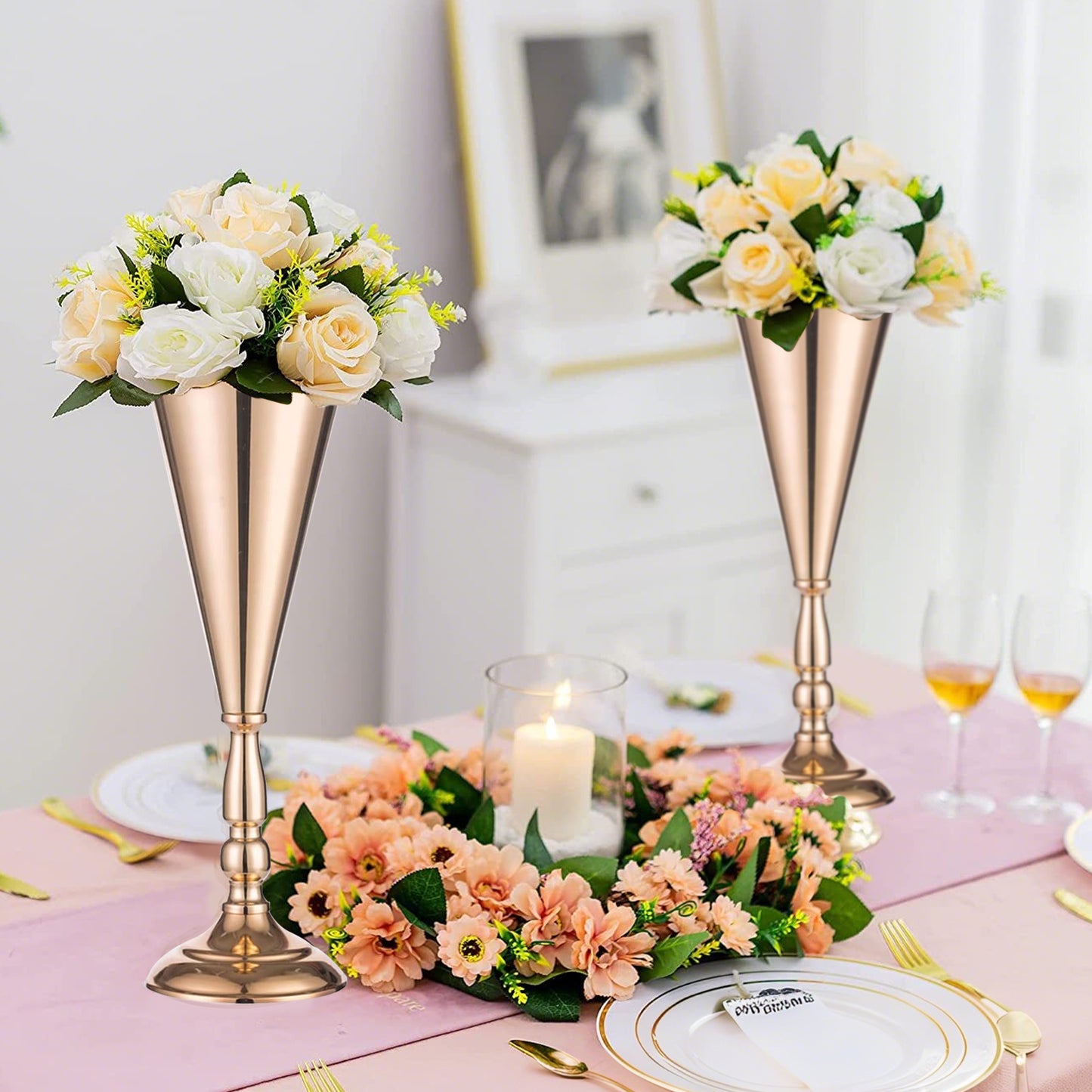 10 Pcs Gold Metal Flower Trumpet Vases for Weddings