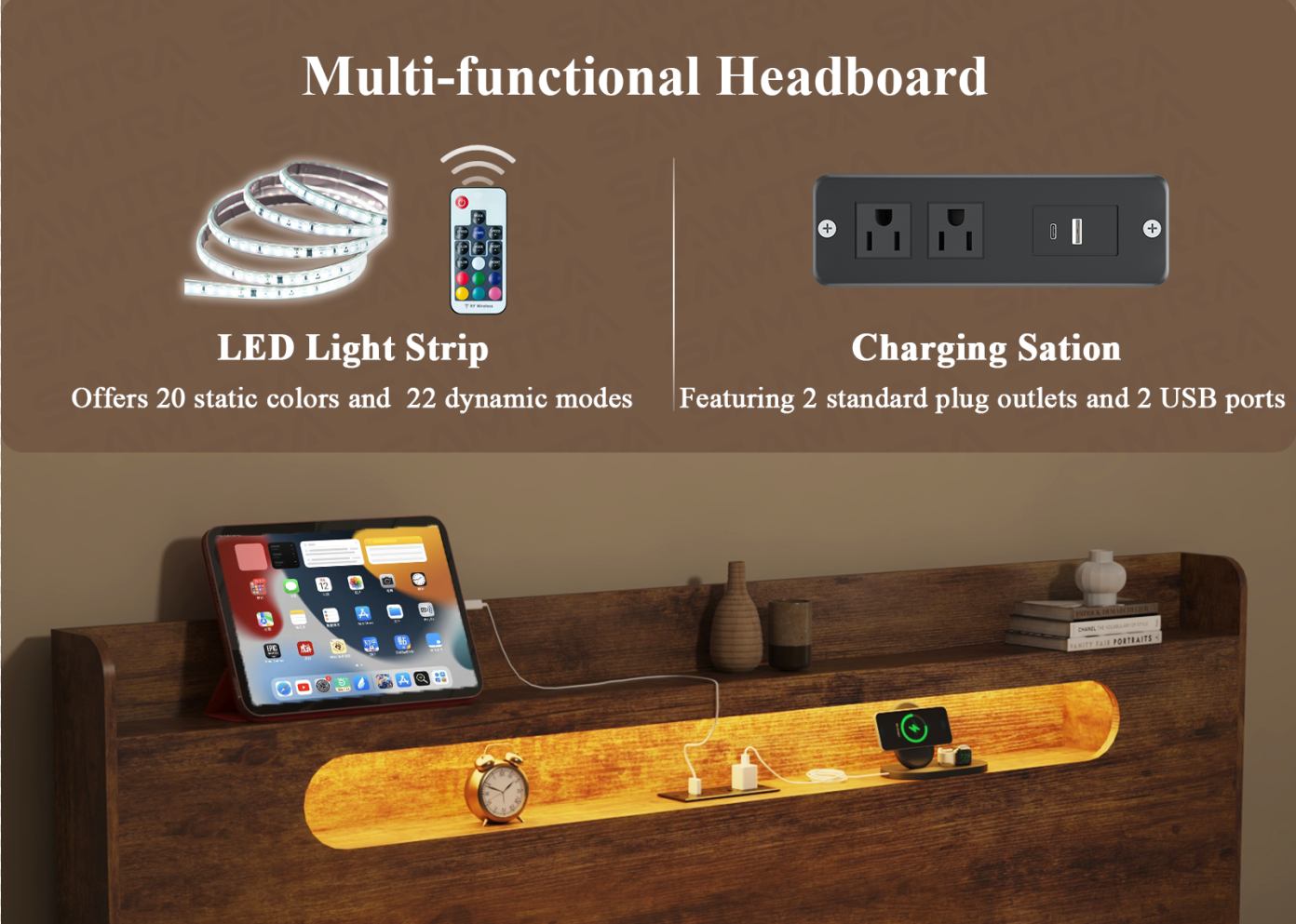 Wood Bed Frame with LED Headboard, USB Ports & Underbed Storage