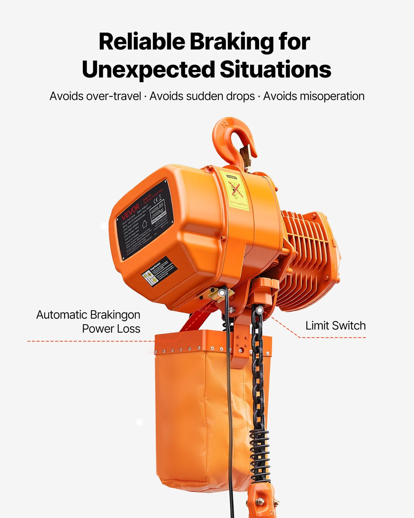 4400 Lb Electric Chain Hoist with Wireless Remote Control, 20 Ft Lift, Three-Phase Industrial Overhead Crane