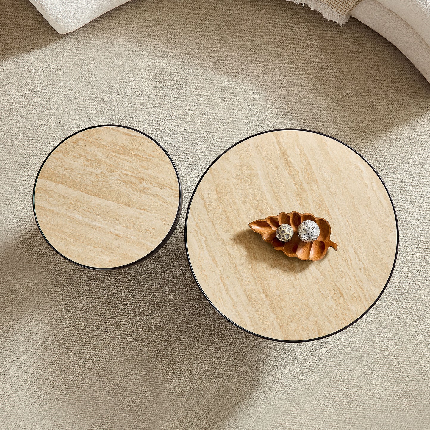 Set of 2 Round Coffee Tables - MDF with Sintered Stone Top - Black