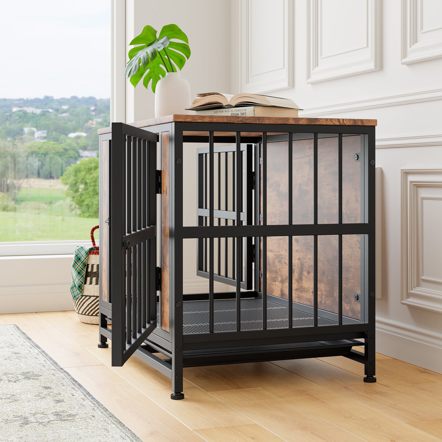 Wooden Dog Crate Table with 2 Sliding Doors - Rustic Brown