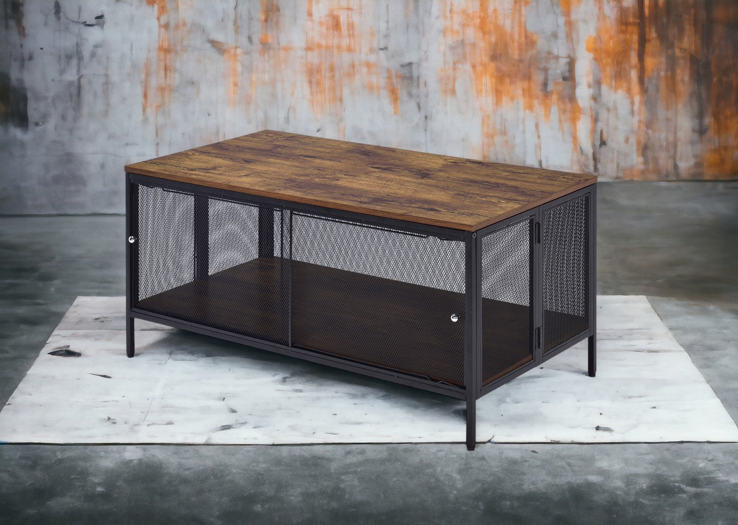 Antique Oak & Black Coffee Table with Storage Shelf