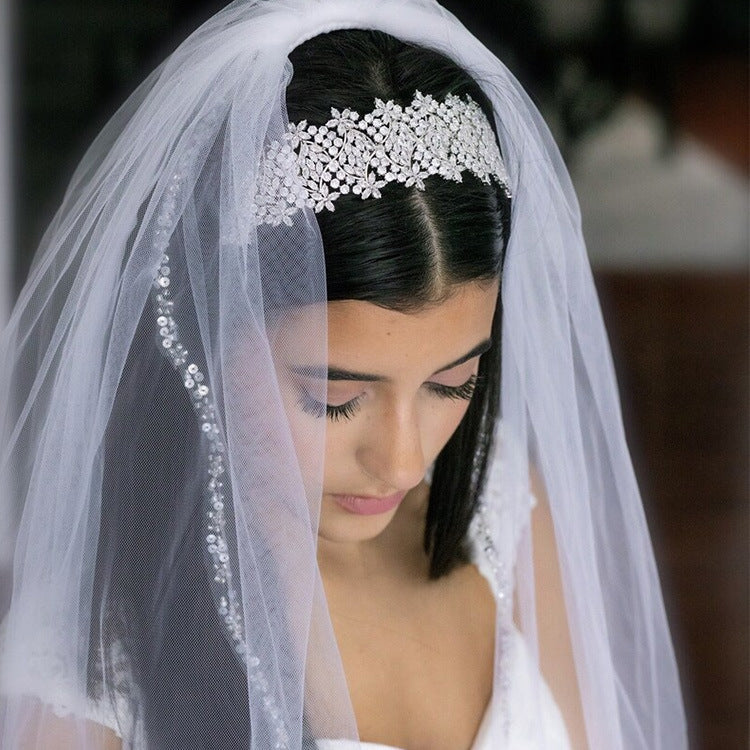 Zircon Flower Bridal Crown Headband - Silver
