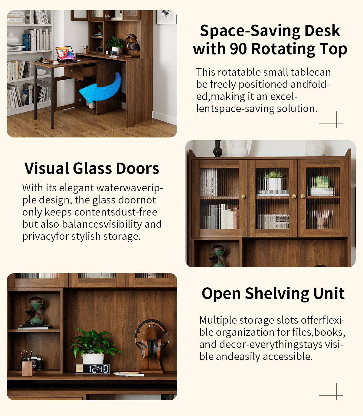 Computer Desk with Rotating Top & Glass Door - Walnut
