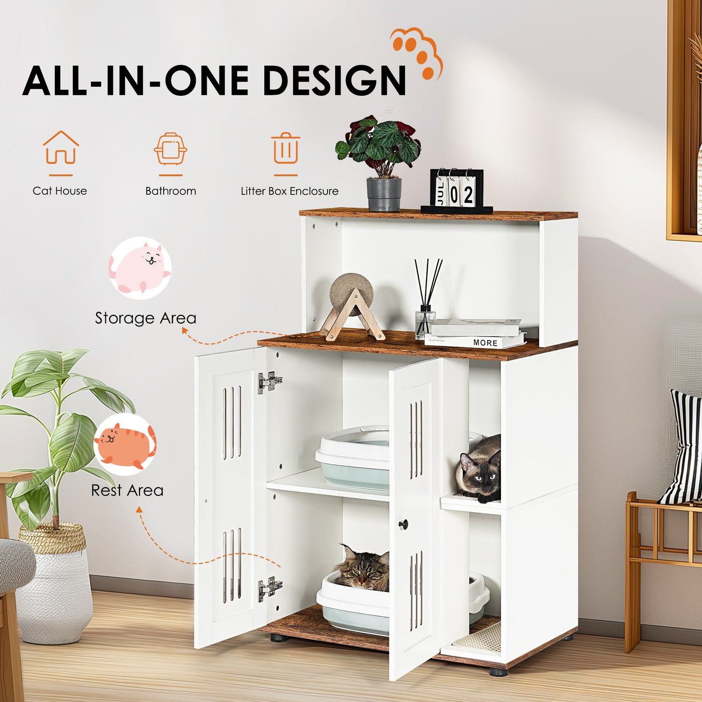 Litter Box Enclosure For 2 Cats,Hidden Cat Furniture, Double Cabinet,