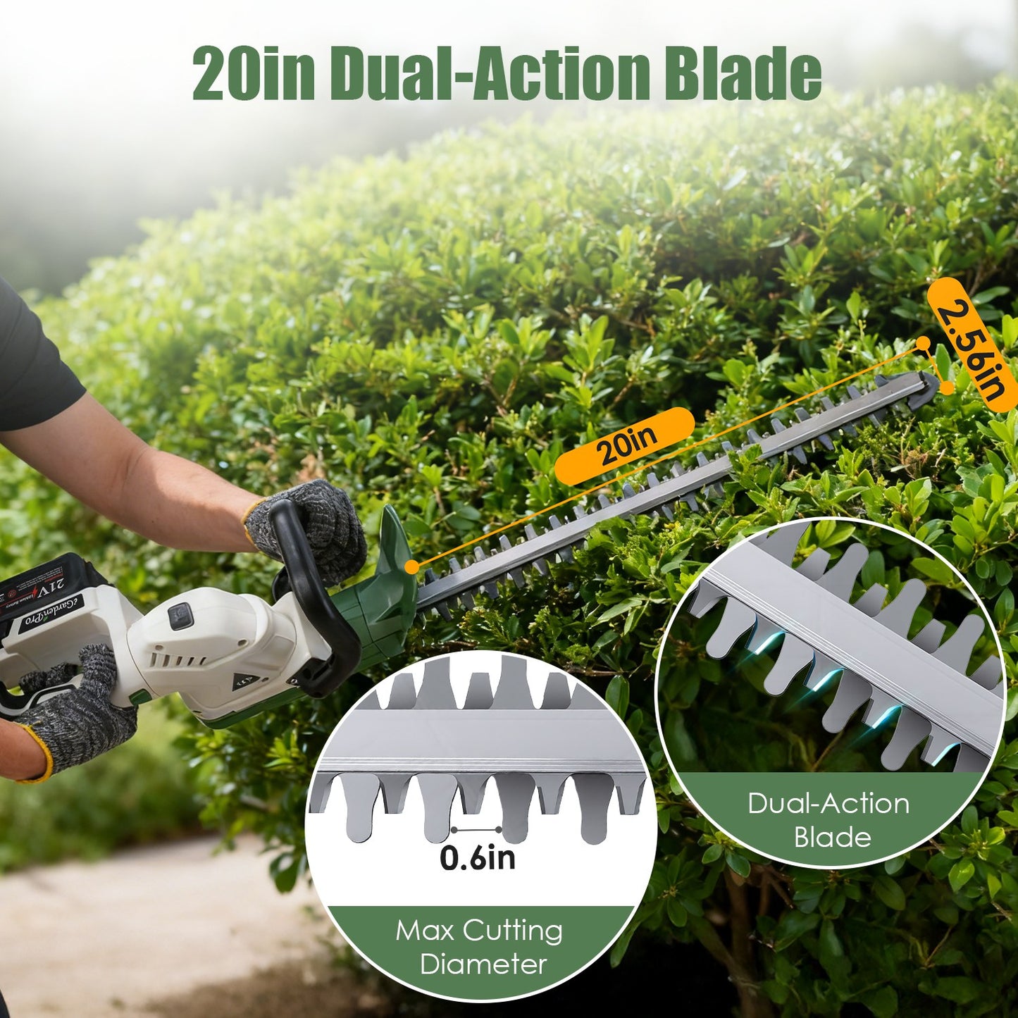 Cordless Hedge Trimmer 21V with Dual Action Blades & Adjustable Handle