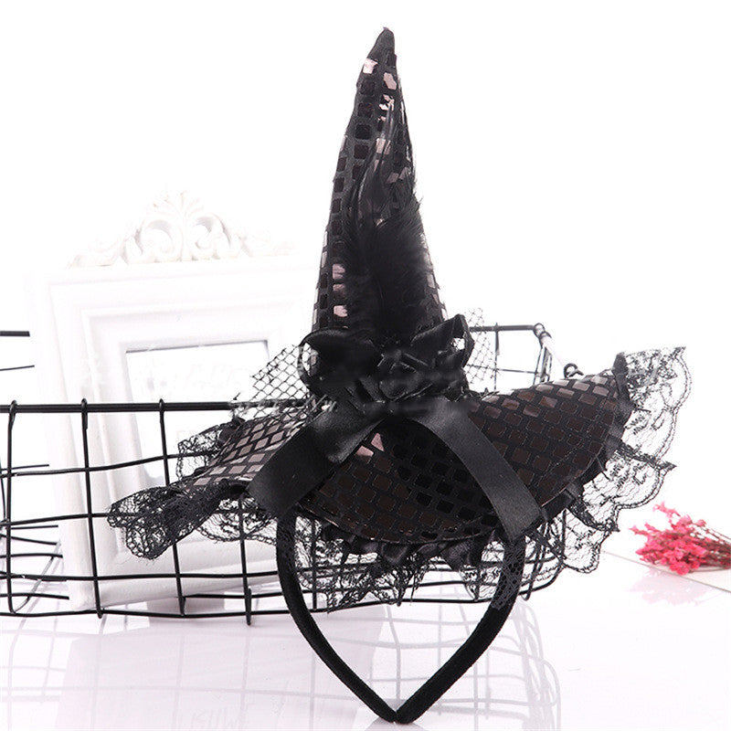 Masquerade Witch Hat Headband with Sequins & Lace