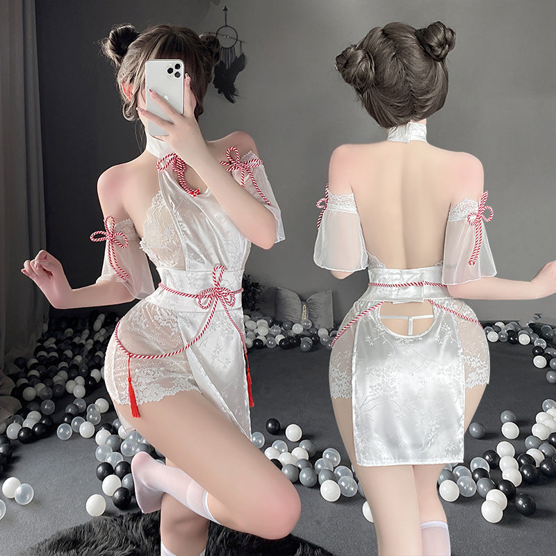 Women's Ancient Style Cheongsam Dress Set with Shorts - White, One Size
