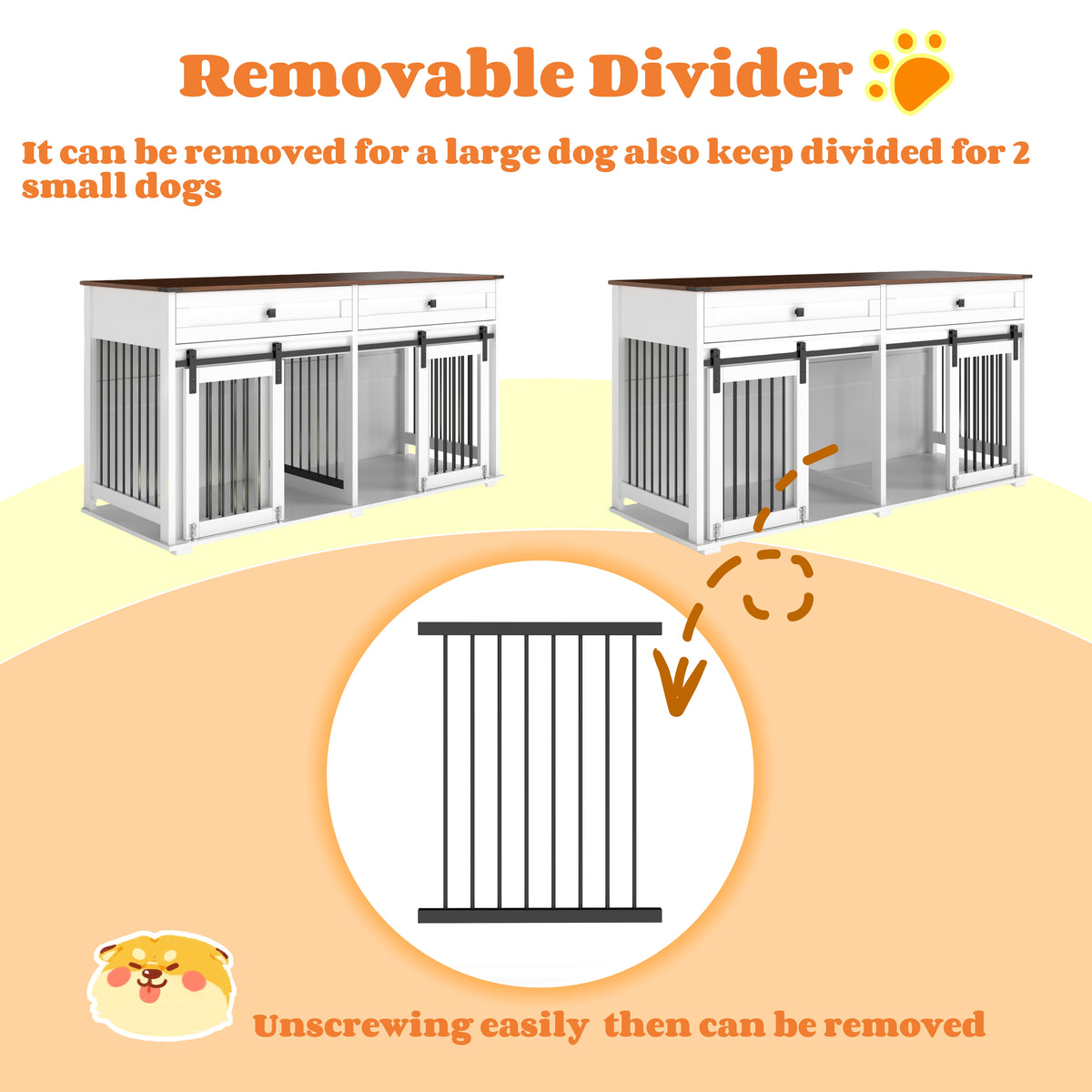 Large Wooden Dog Crate Furniture for Double Dogs with Storage, Divider & Sliding Doors